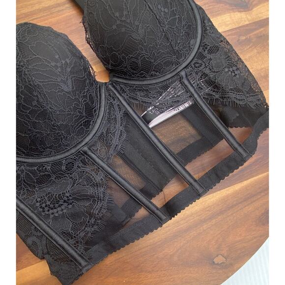 Victoria Secret Corset Bra Top 34B Very Sexy Push Up Black Lace Shine Strap - Picture 4 of 12